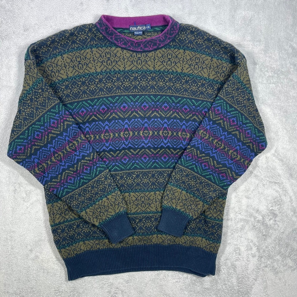 Vintage 90s Nautica Sweater Mens L Geometric Fair Isle Cotton Hong Kong